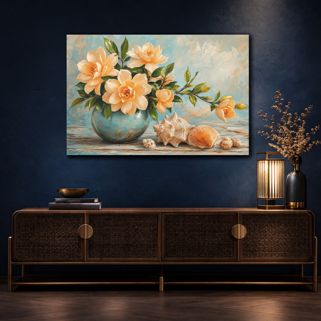 Mockup 4. Nature Floral Arrangement Yellow And Blue Floral shown as stretched canvas wall art