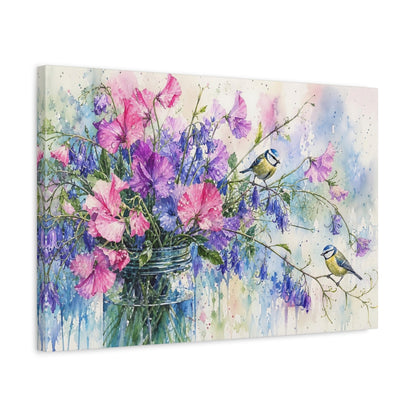 Side Mockup 3. Nature Floral Birds Pink Purple Flowers shown as stretched canvas wall art
