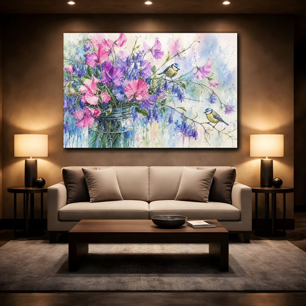 Mockup 2. Nature Floral Birds Pink Purple Flowers shown as stretched canvas wall art