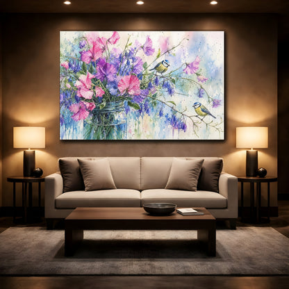 Mockup 2. Nature Floral Birds Pink Purple Flowers shown as stretched canvas wall art