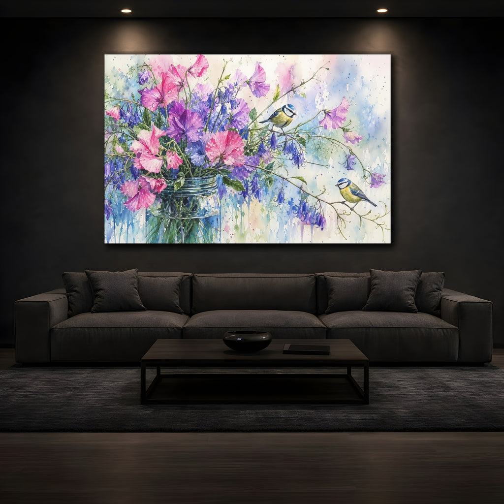 Mockup 3. Nature Floral Birds Pink Purple Flowers shown as stretched canvas wall art