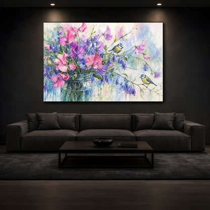 Mockup 3. Nature Floral Birds Pink Purple Flowers shown as stretched canvas wall art