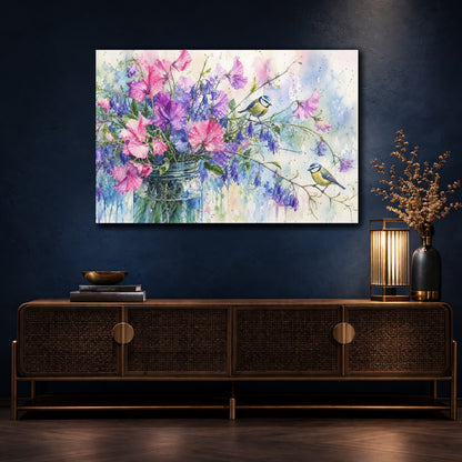 Mockup 4. Nature Floral Birds Pink Purple Flowers shown as stretched canvas wall art