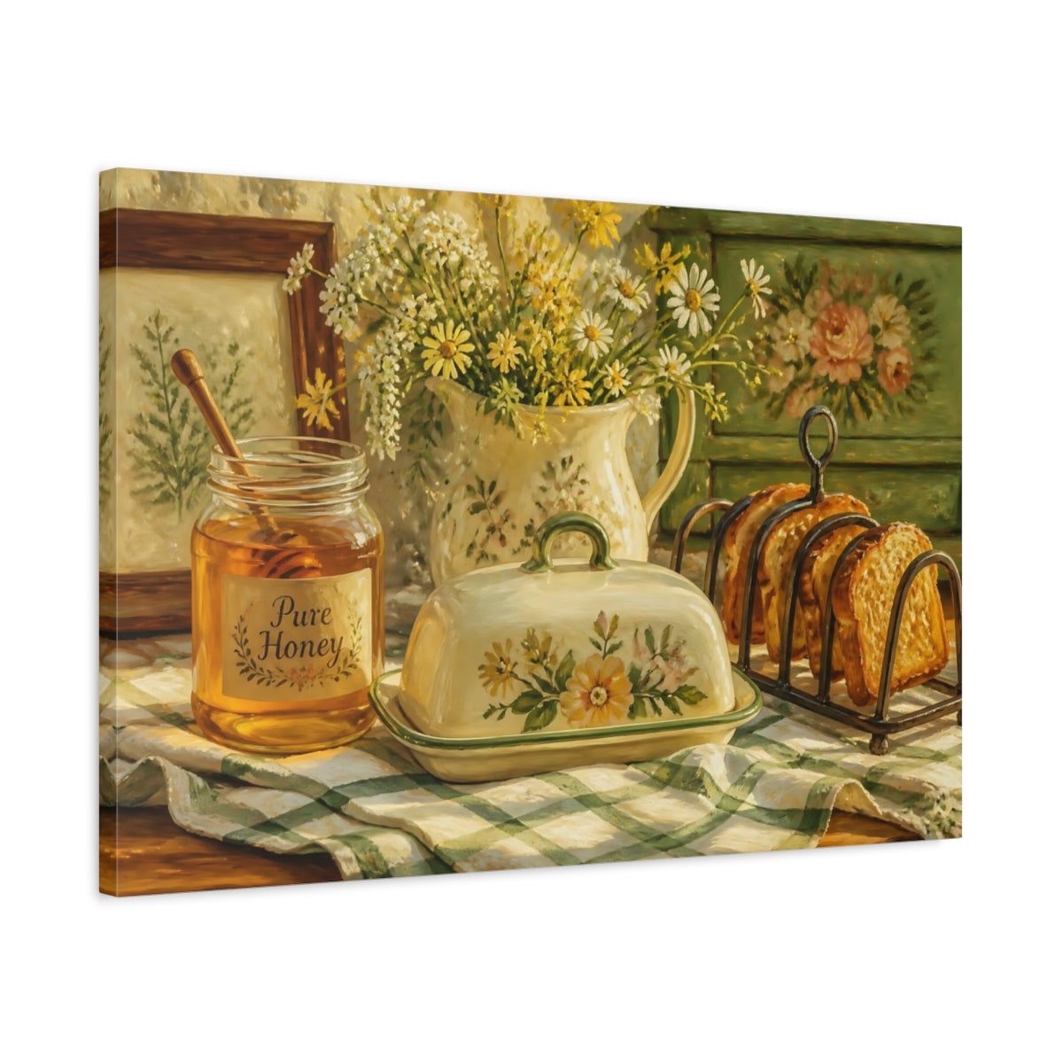 Side Mockup 2. Nature Floral Breakfast Yellow Green shown as stretched canvas wall art