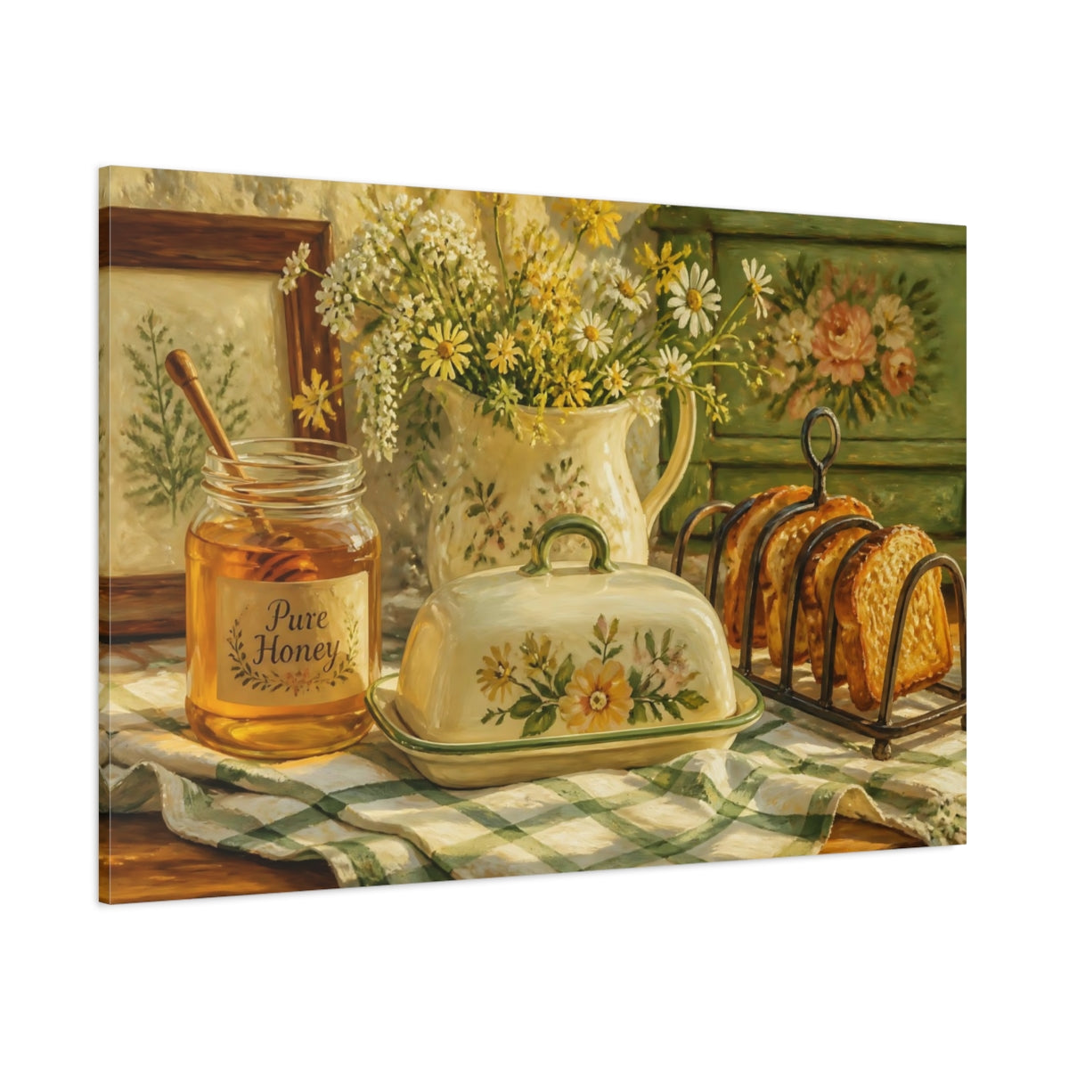 Side Mockup 1. Nature Floral Breakfast Yellow Green shown as stretched canvas wall art