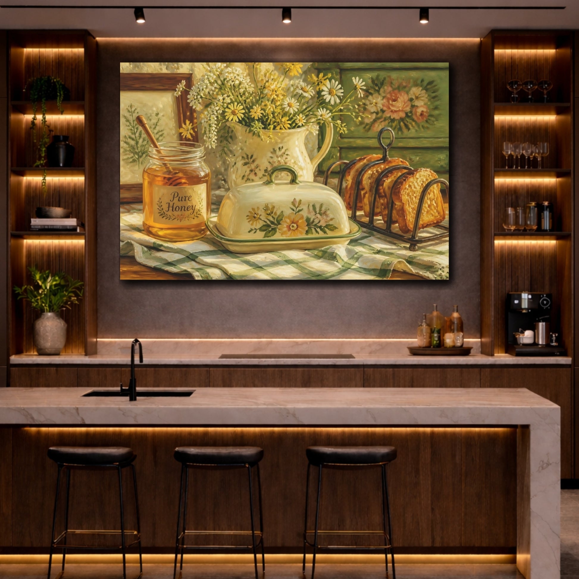 Mockup 2. Nature Floral Breakfast Yellow Green shown as stretched canvas wall art