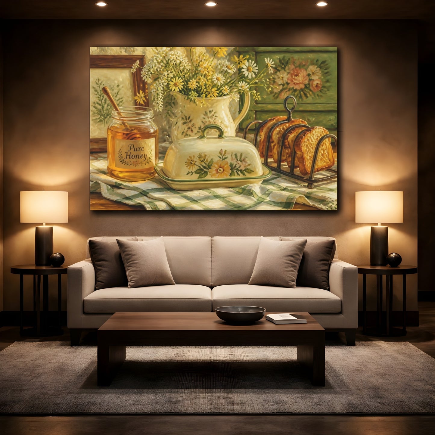 Mockup 3. Nature Floral Breakfast Yellow Green shown as stretched canvas wall art