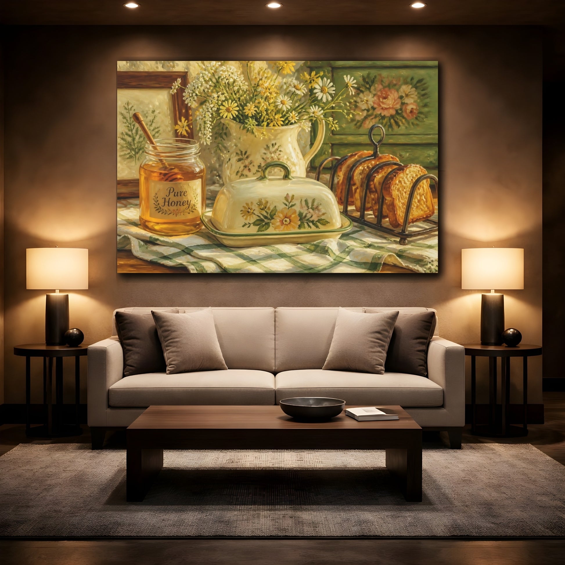 Mockup 3. Nature Floral Breakfast Yellow Green shown as stretched canvas wall art