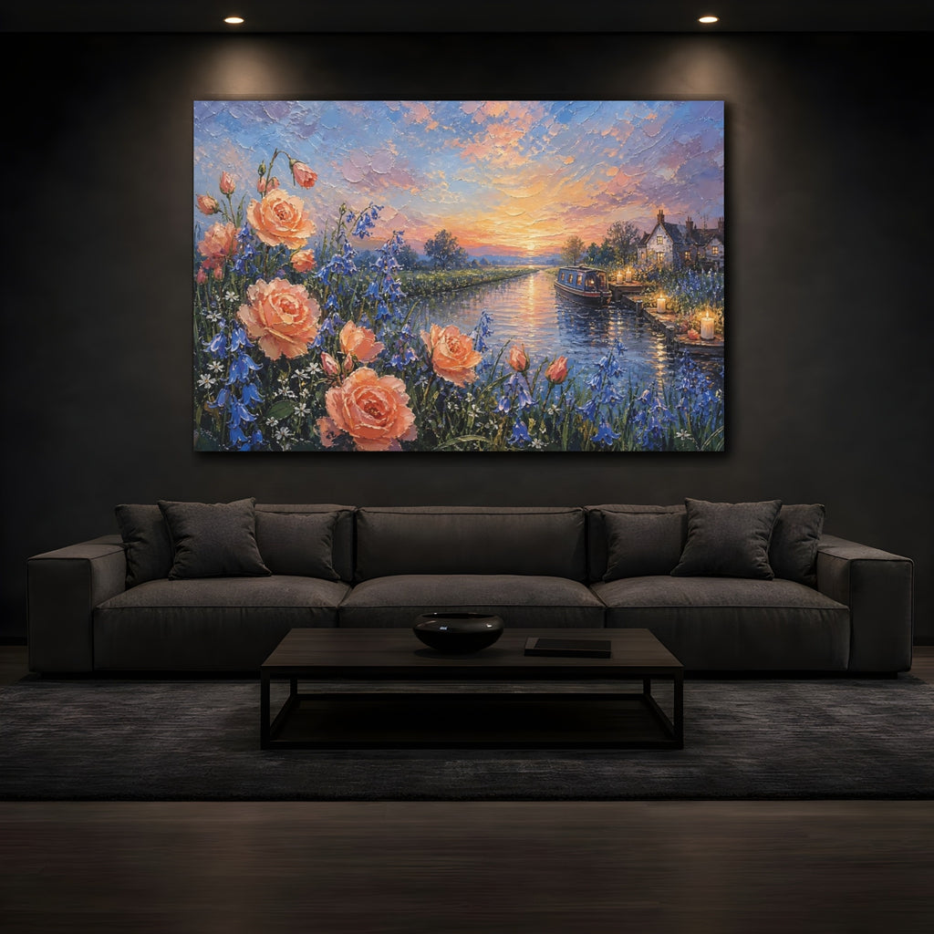 Mockup 3. Nature Floral Canal Canal Rose Sunset shown as stretched canvas wall art