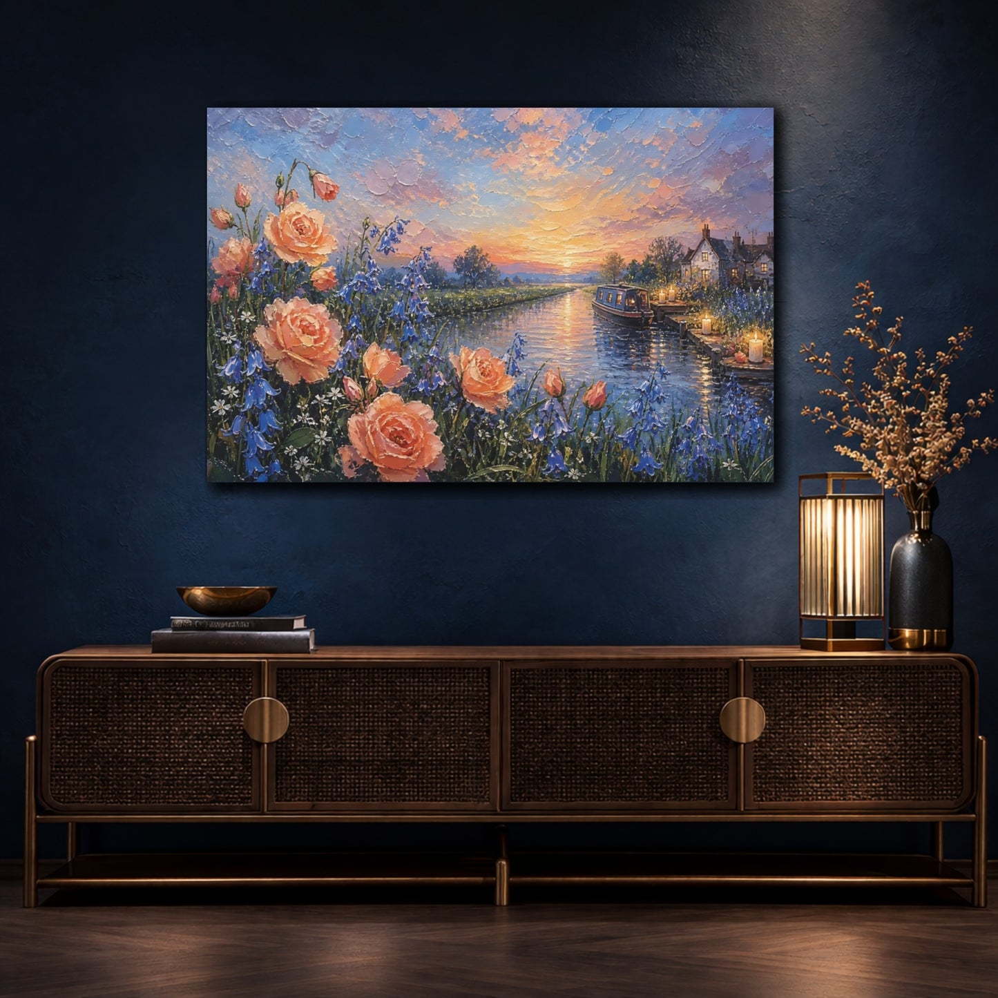 Mockup 4. Nature Floral Canal Canal Rose Sunset shown as stretched canvas wall art