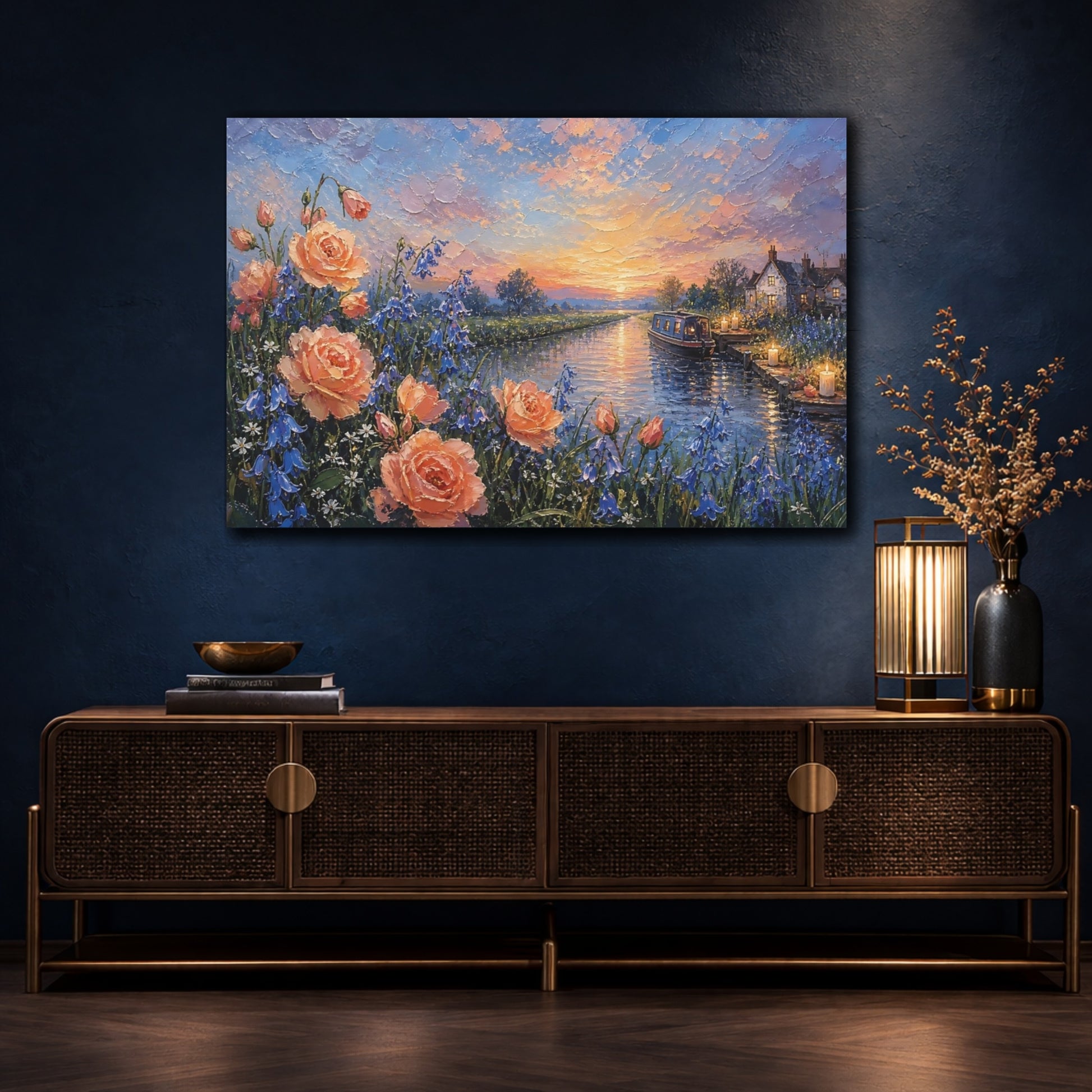 Mockup 4. Nature Floral Canal Canal Rose Sunset shown as stretched canvas wall art