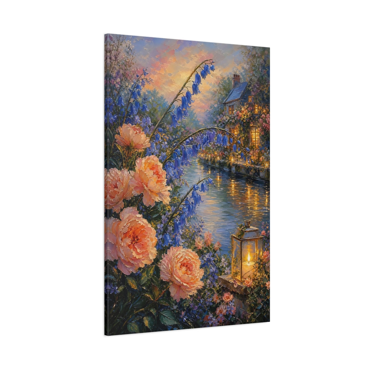 Side Mockup 1. Nature Floral Canal Peach Blue Floral shown as stretched canvas wall art