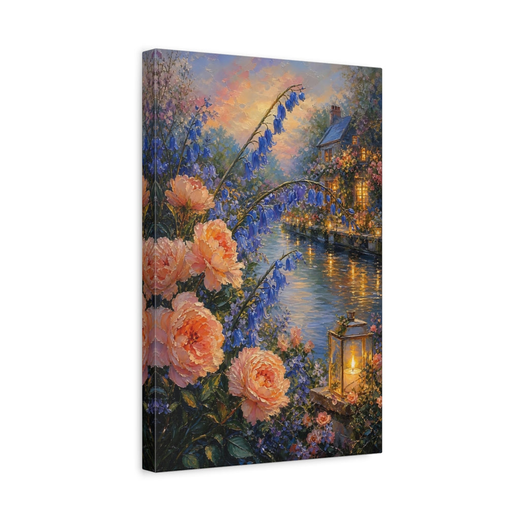 Side Mockup 4. Nature Floral Canal Peach Blue Floral shown as stretched canvas wall art