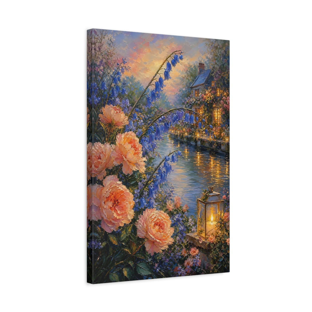 Side Mockup 3. Nature Floral Canal Peach Blue Floral shown as stretched canvas wall art