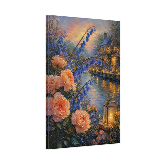 Main Mockup. Nature Floral Canal Peach Blue Floral shown as stretched canvas wall art