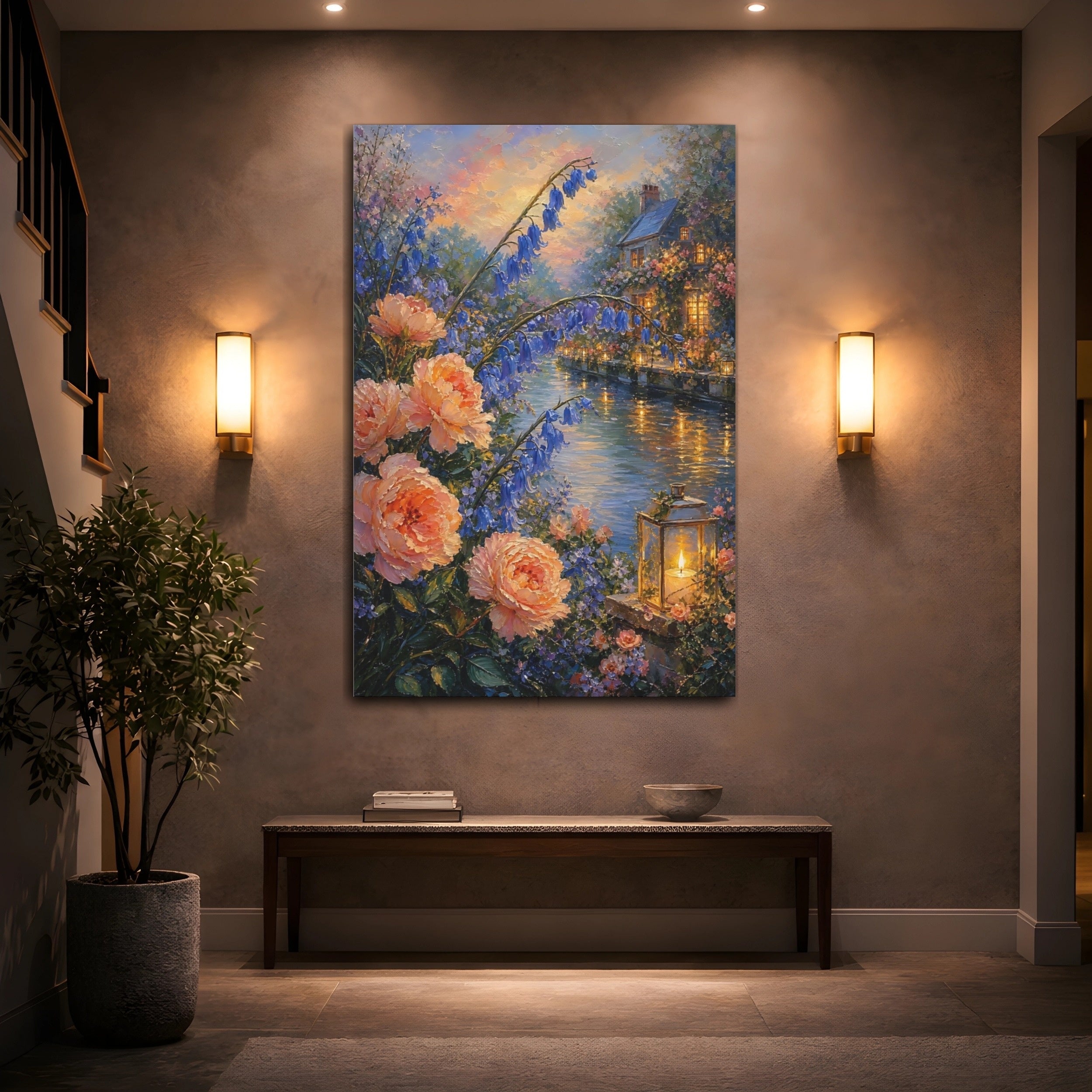 Mockup 2. Nature Floral Canal Peach Blue Floral shown as stretched canvas wall art