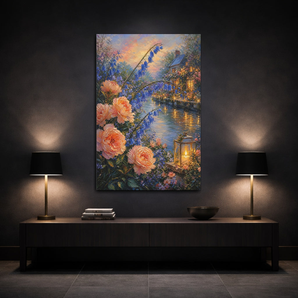 Mockup 3. Nature Floral Canal Peach Blue Floral shown as stretched canvas wall art