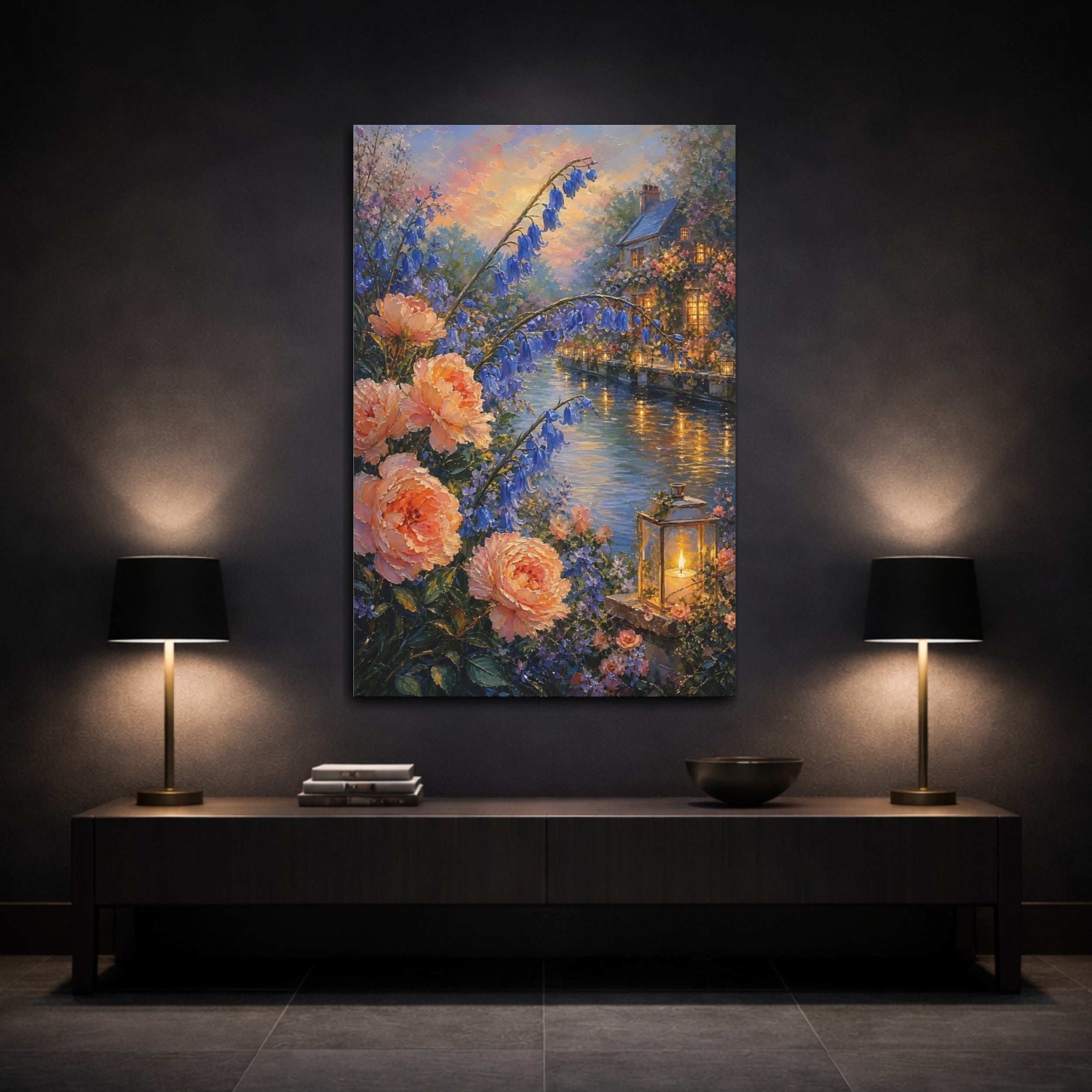 Mockup 3. Nature Floral Canal Peach Blue Floral shown as stretched canvas wall art