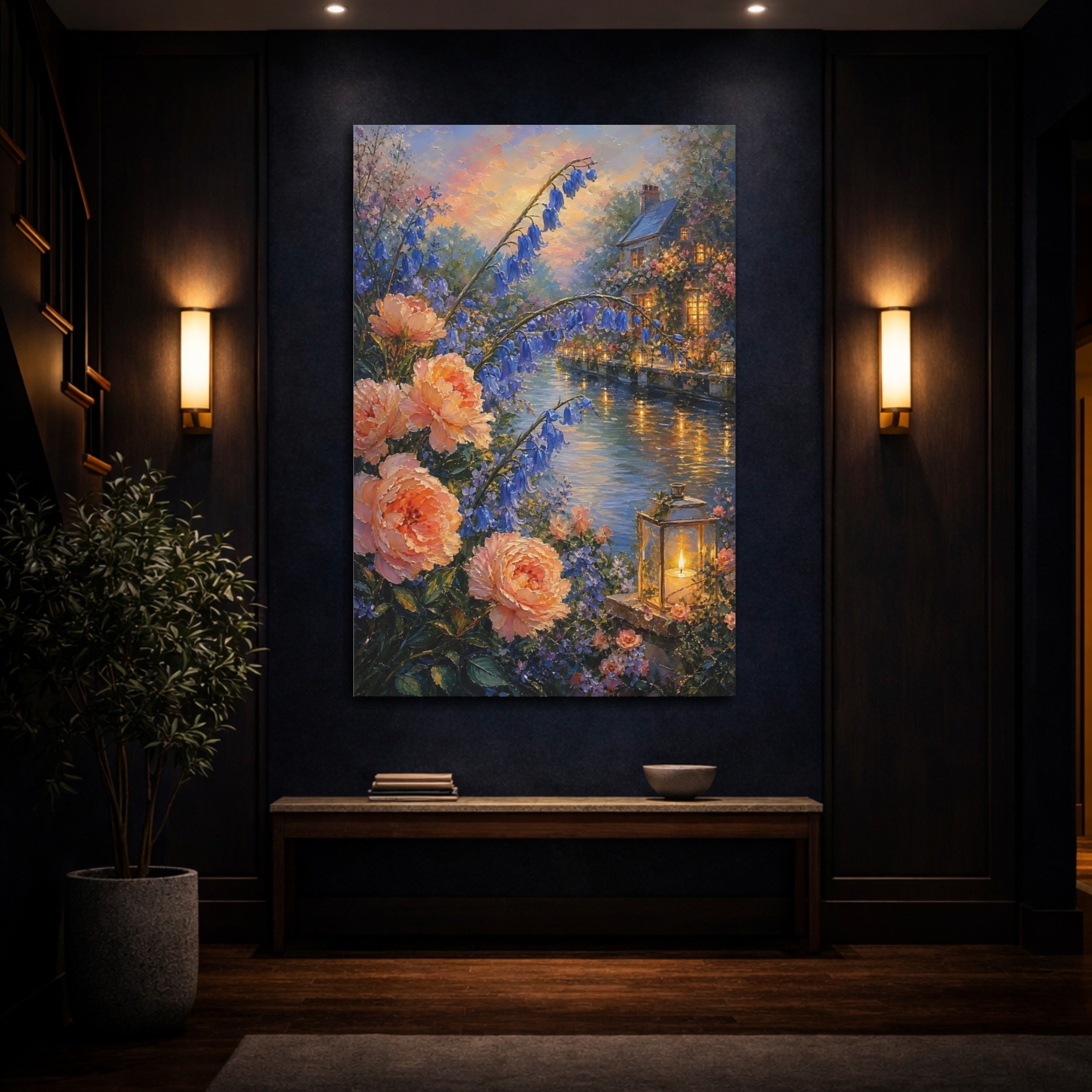Mockup 4. Nature Floral Canal Peach Blue Floral shown as stretched canvas wall art