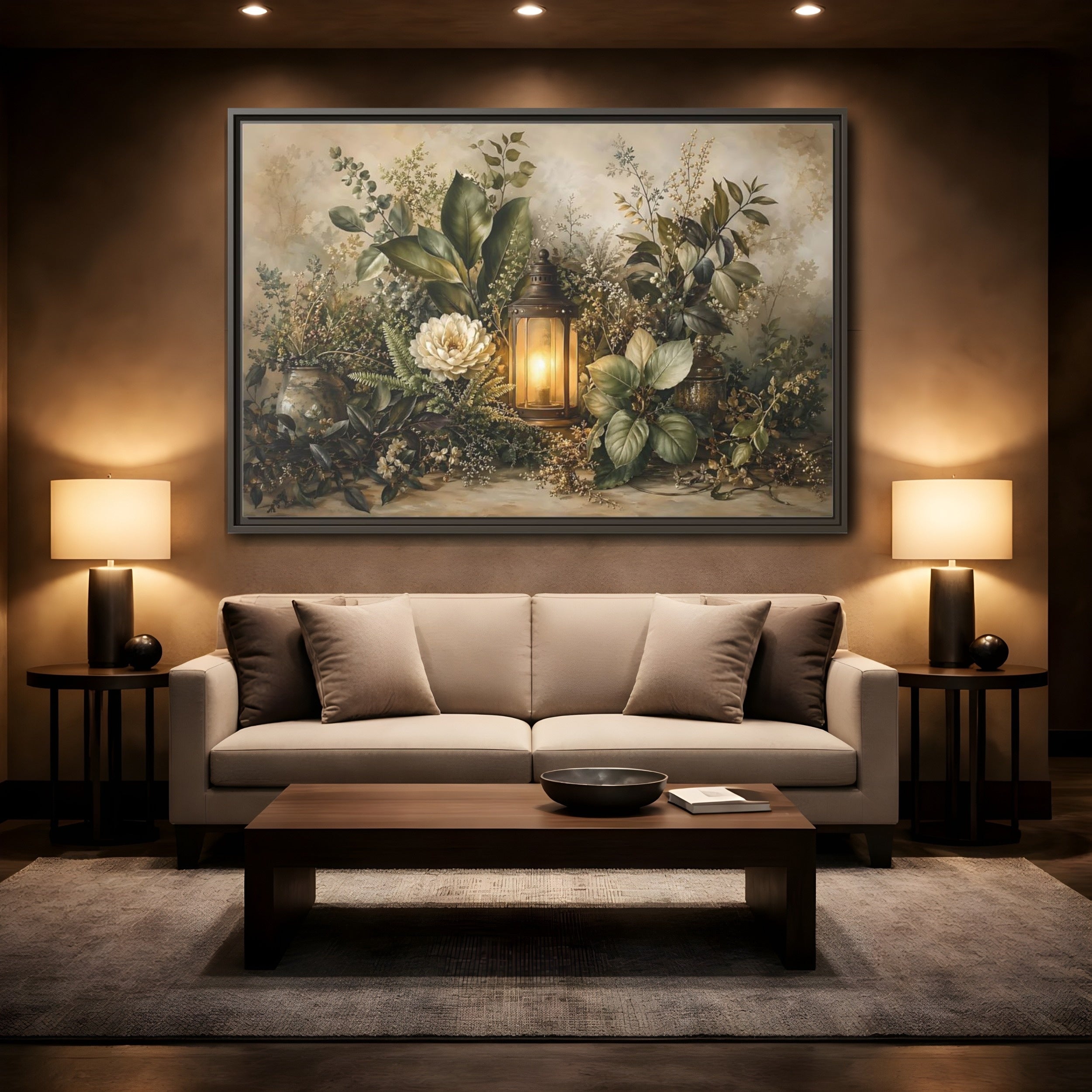 Mockup 2. Nature Floral Lantern Greenery Lantern shown as stretched canvas wall art