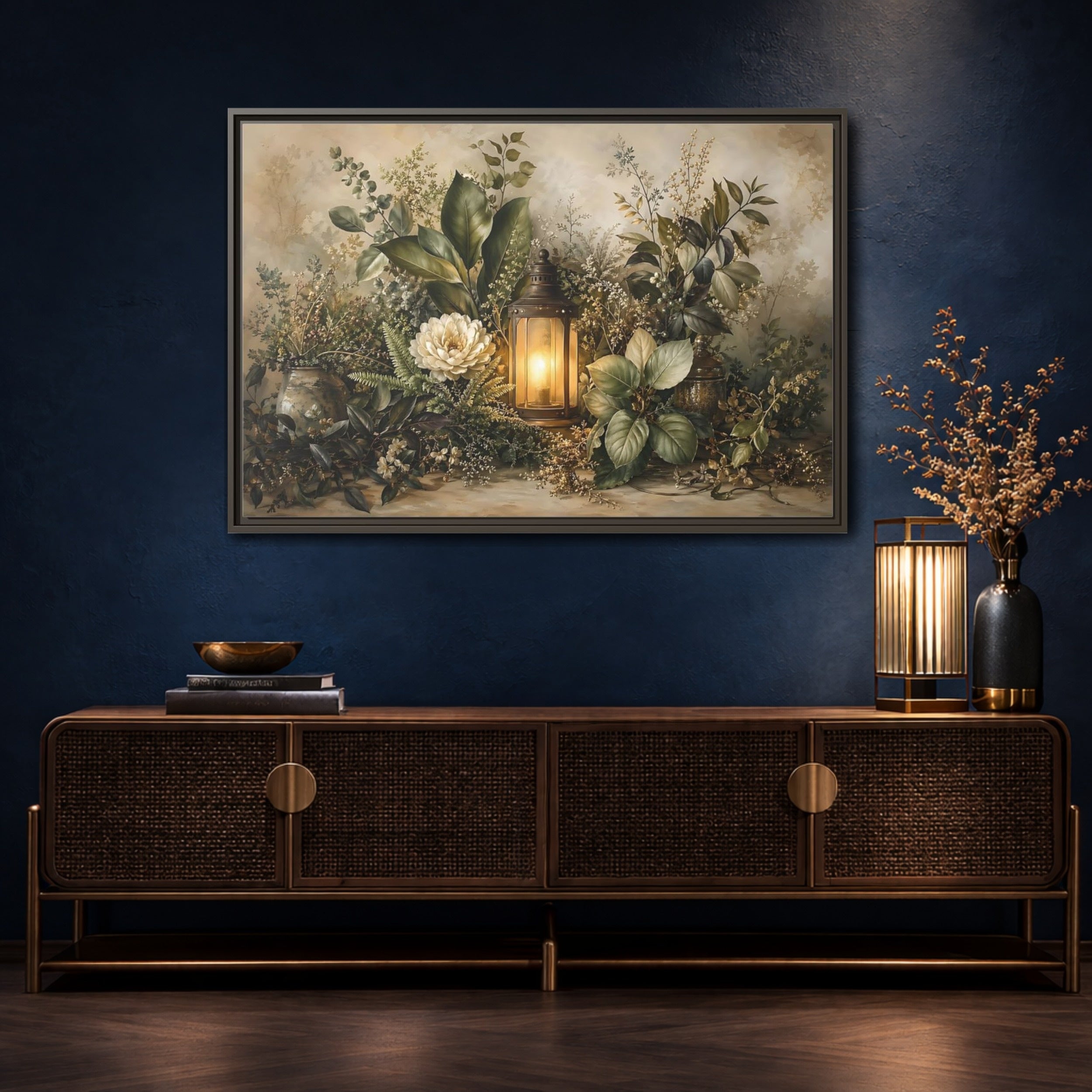Mockup 4. Nature Floral Lantern Greenery Lantern shown as stretched canvas wall art