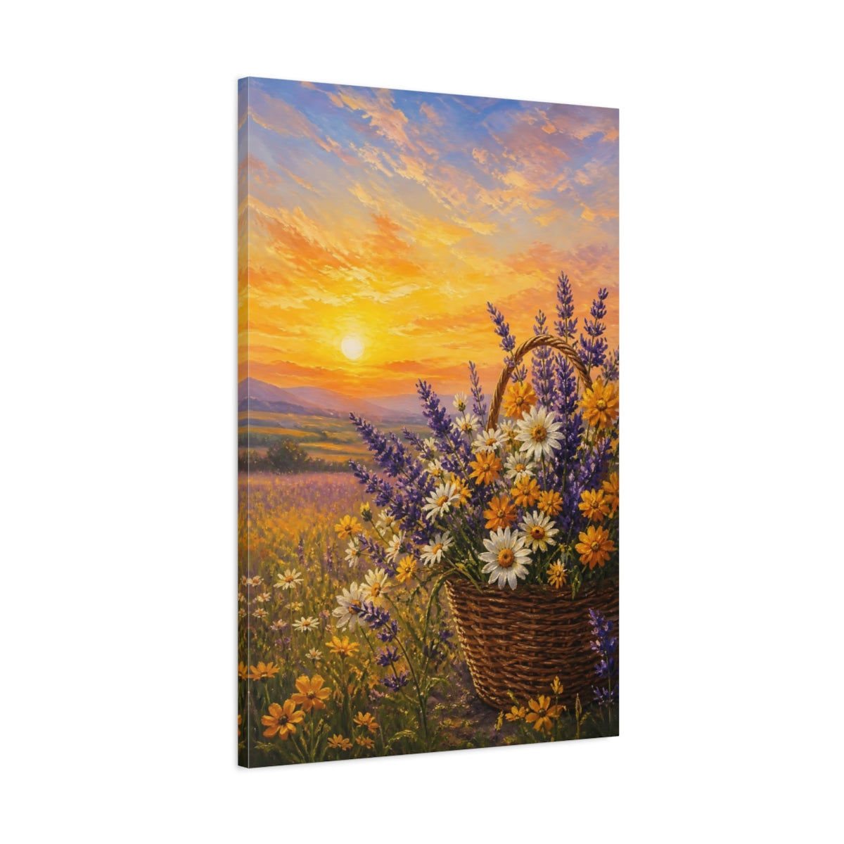 Main Mockup. Nature Flower Basket Sunset Floral shown as stretched canvas wall art