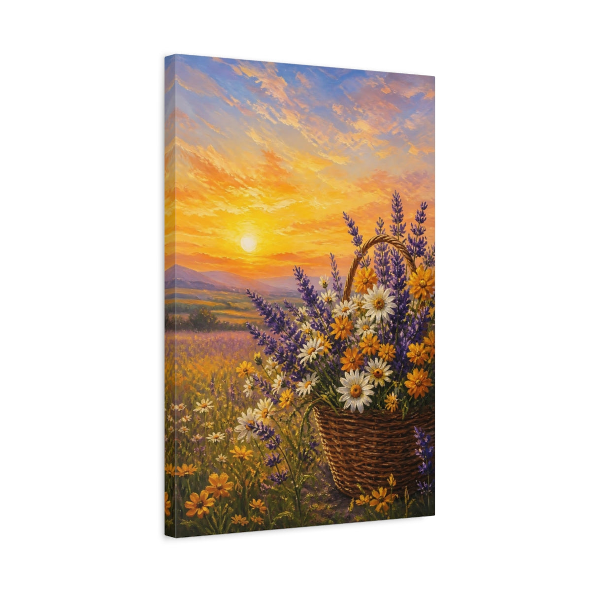 Side Mockup 3. Nature Flower Basket Sunset Floral shown as stretched canvas wall art