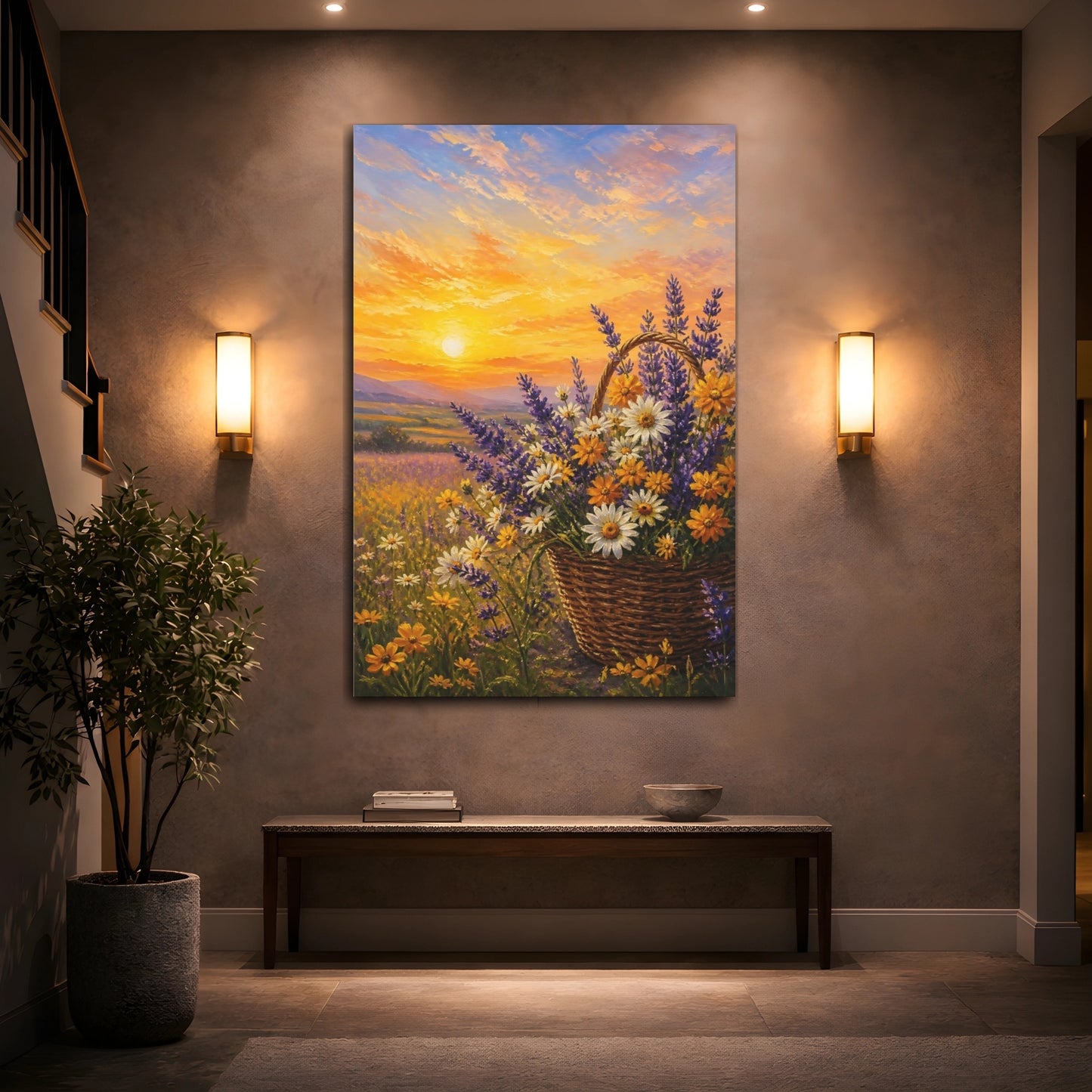 Mockup 2. Nature Flower Basket Sunset Floral shown as stretched canvas wall art