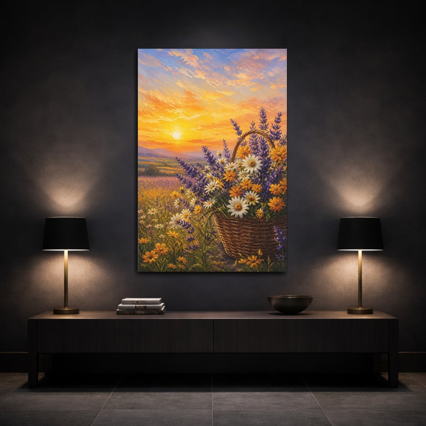 Mockup 3. Nature Flower Basket Sunset Floral shown as stretched canvas wall art