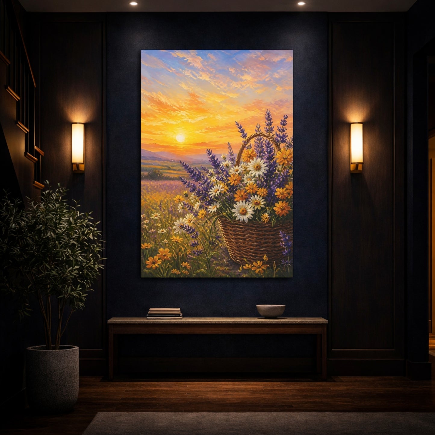 Mockup 4. Nature Flower Basket Sunset Floral shown as stretched canvas wall art