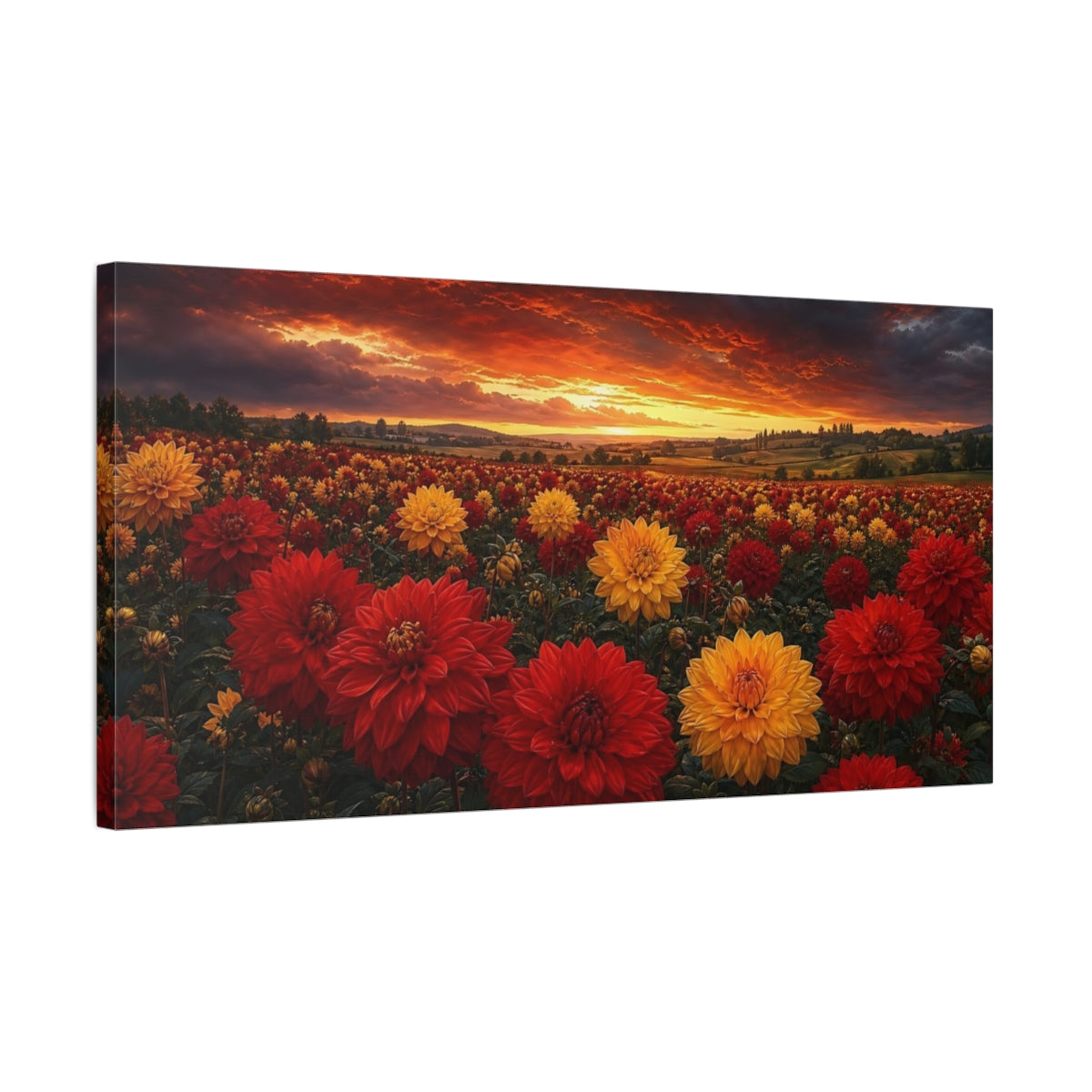 Side Mockup 1. Nature Flower Field Dramatic Sunset Flowers shown as stretched canvas wall art