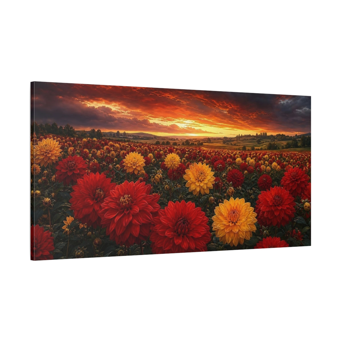 Side Mockup 2. Nature Flower Field Dramatic Sunset Flowers shown as stretched canvas wall art