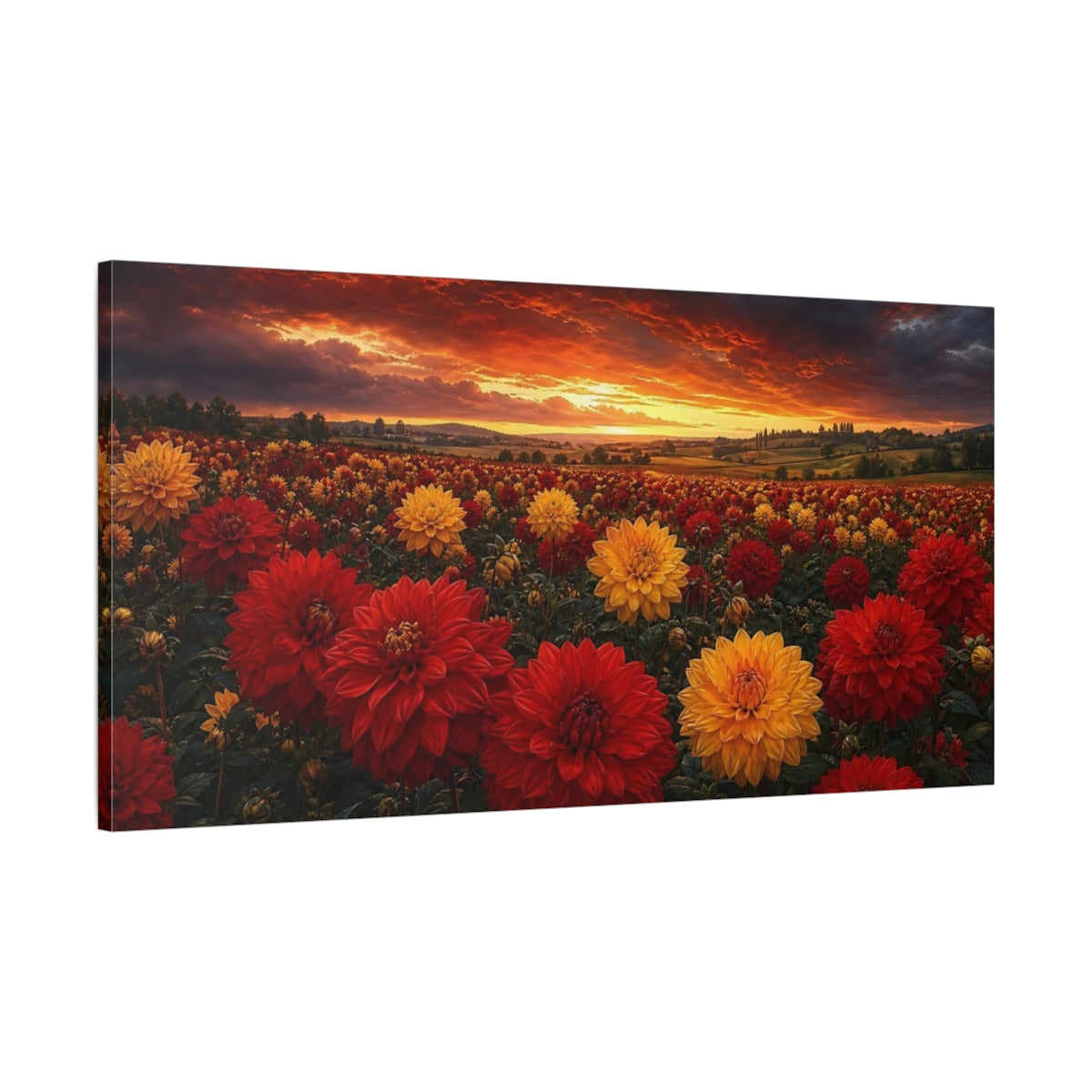 Main Mockup. Nature Flower Field Dramatic Sunset Flowers shown as stretched canvas wall art