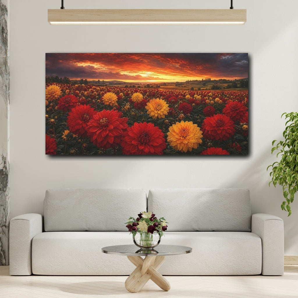 Mockup 2. Nature Flower Field Dramatic Sunset Flowers shown as stretched canvas wall art