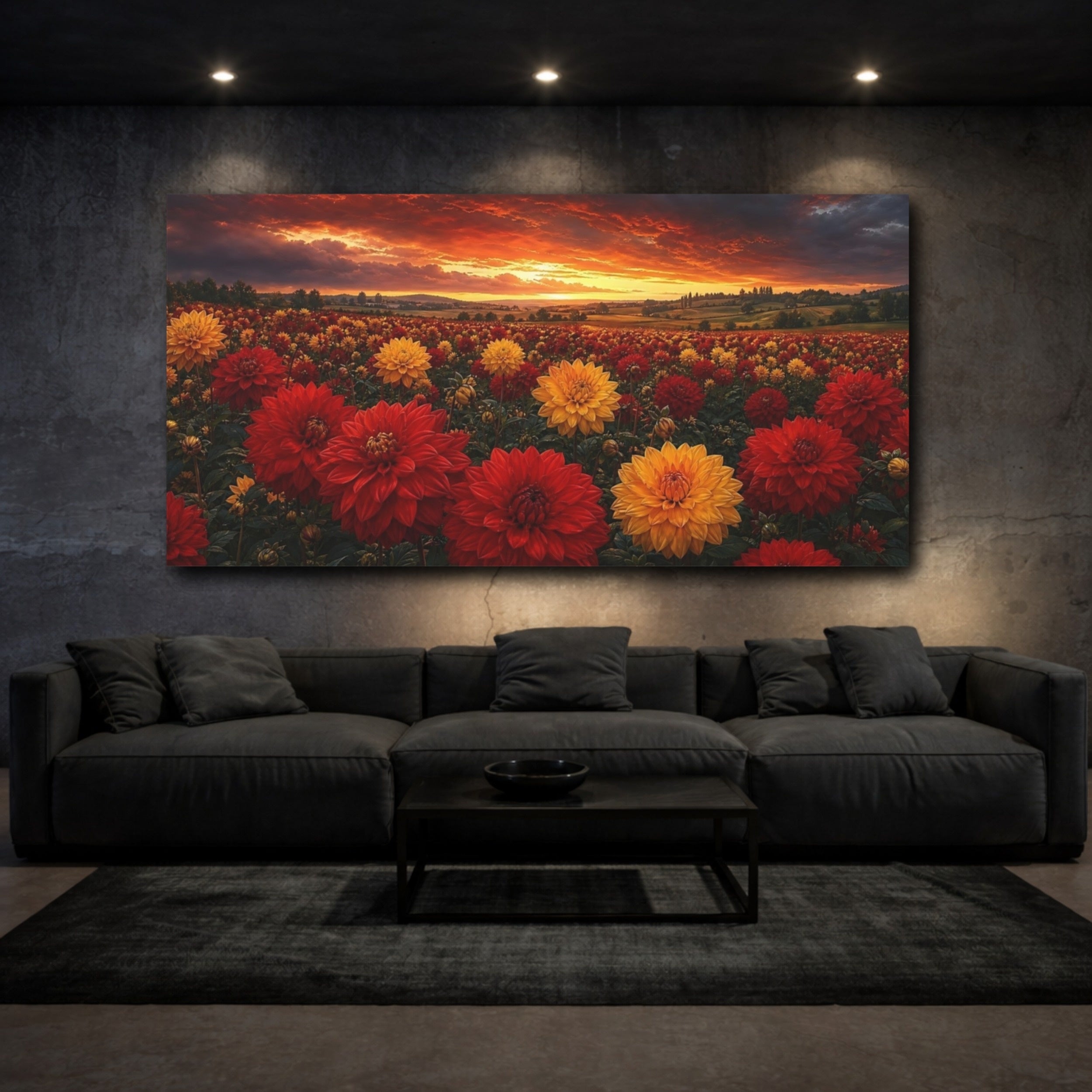 Mockup 3. Nature Flower Field Dramatic Sunset Flowers shown as stretched canvas wall art