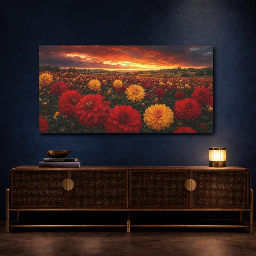 Mockup 4. Nature Flower Field Dramatic Sunset Flowers shown as stretched canvas wall art