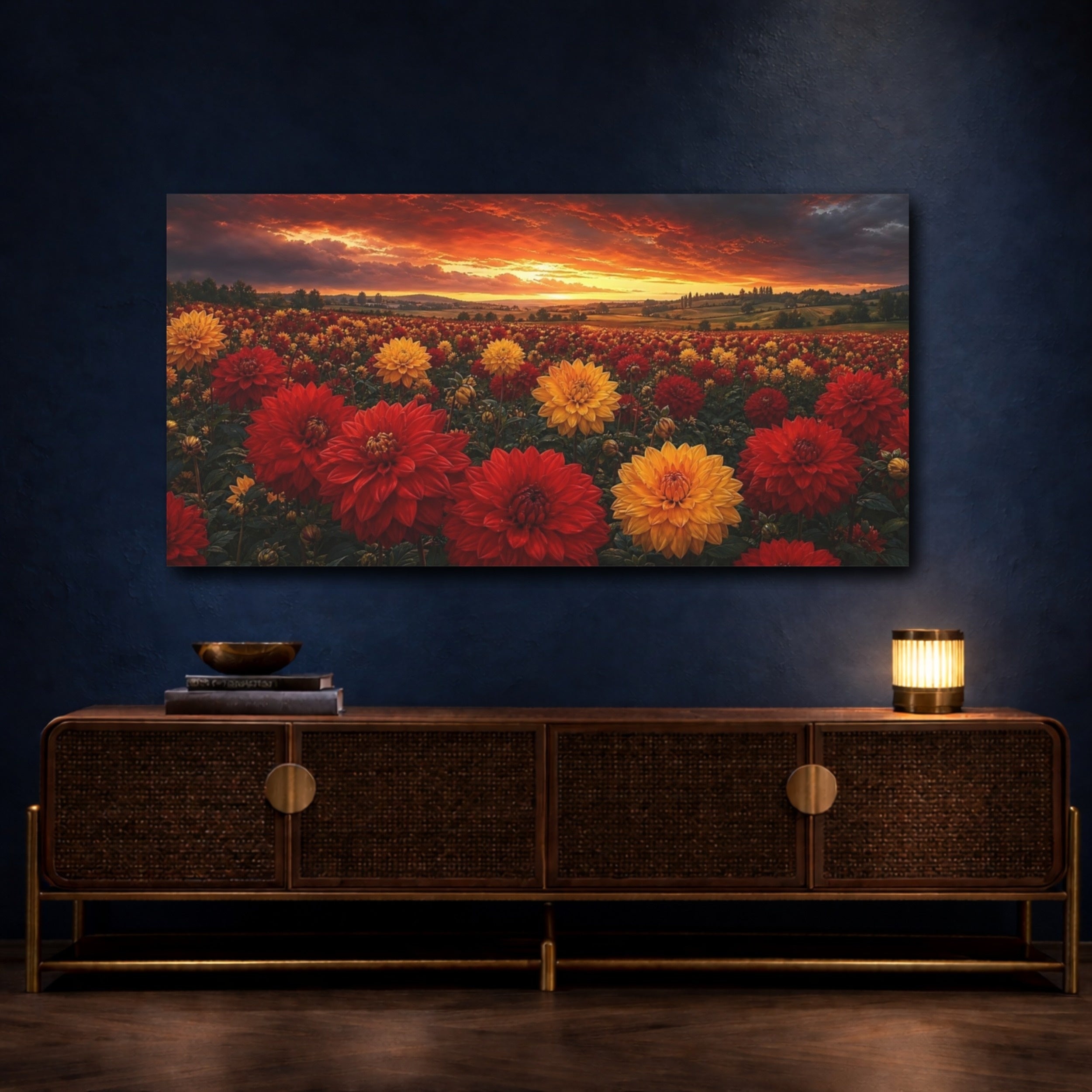 Mockup 4. Nature Flower Field Dramatic Sunset Flowers shown as stretched canvas wall art