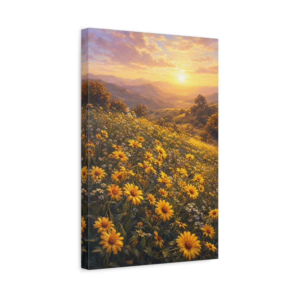 Side Mockup 4. Nature Flower Field Golden Yellow Field shown as stretched canvas wall art
