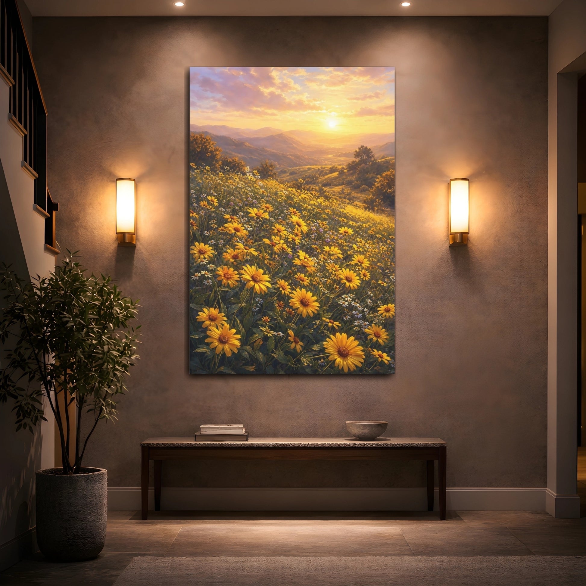 Mockup 2. Nature Flower Field Golden Yellow Field shown as stretched canvas wall art