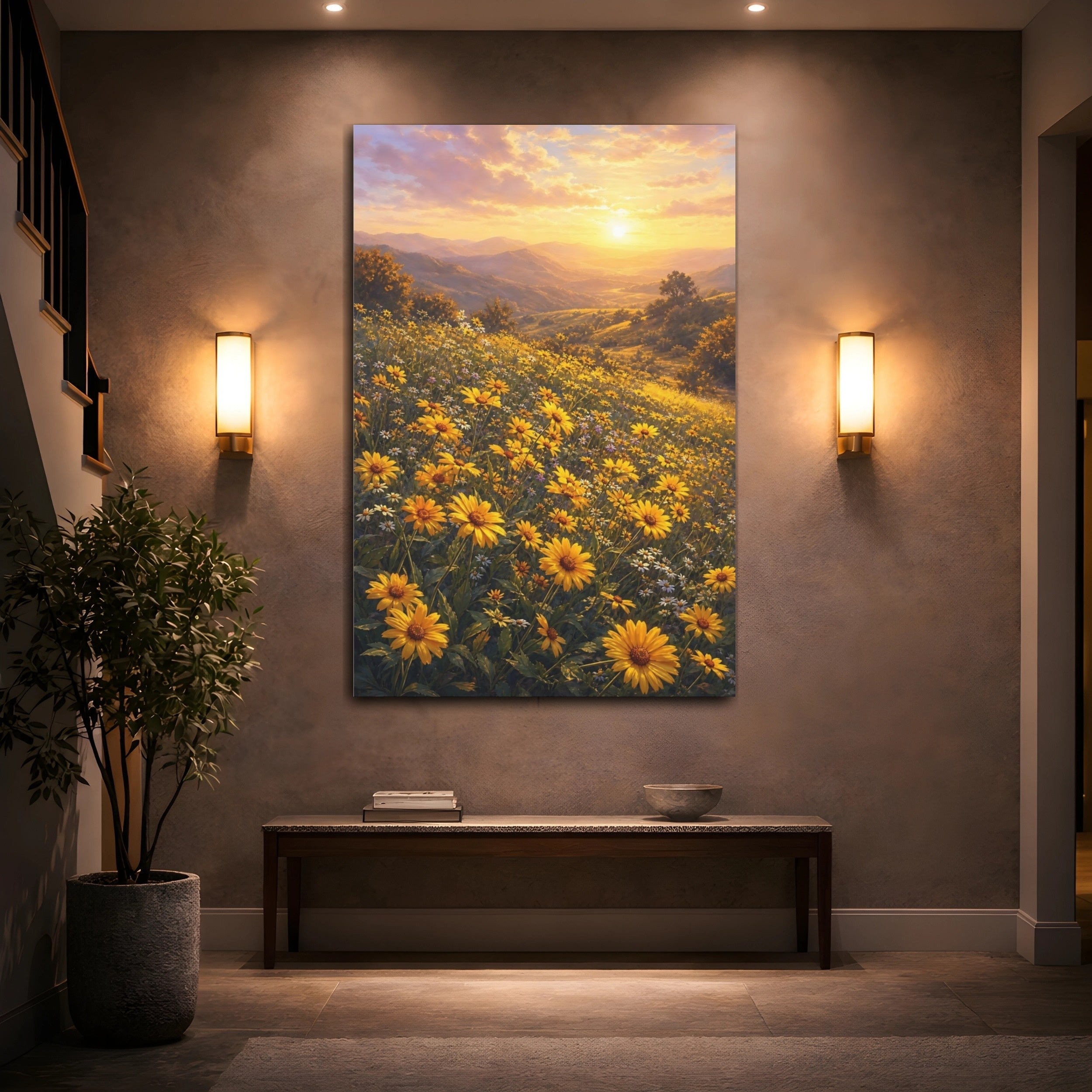 Mockup 2. Nature Flower Field Golden Yellow Field shown as stretched canvas wall art