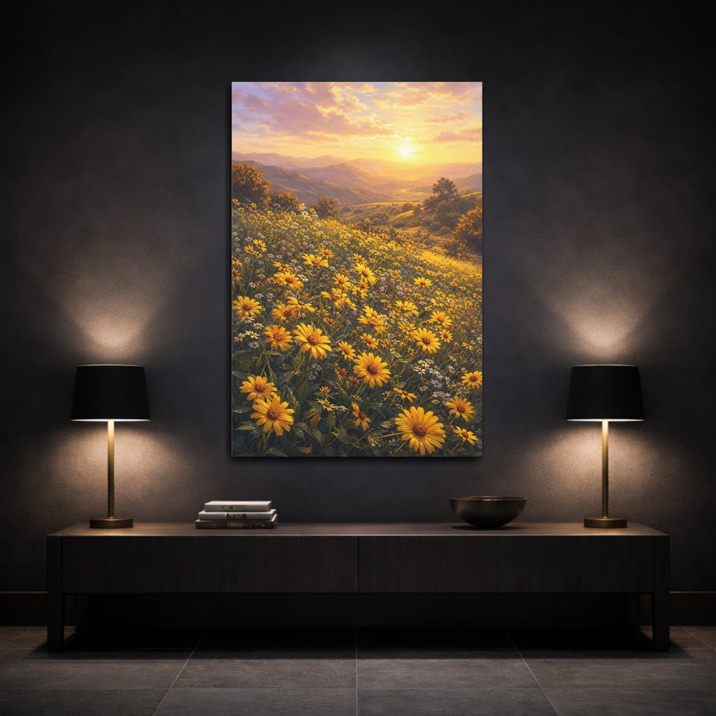 Mockup 3. Nature Flower Field Golden Yellow Field shown as stretched canvas wall art