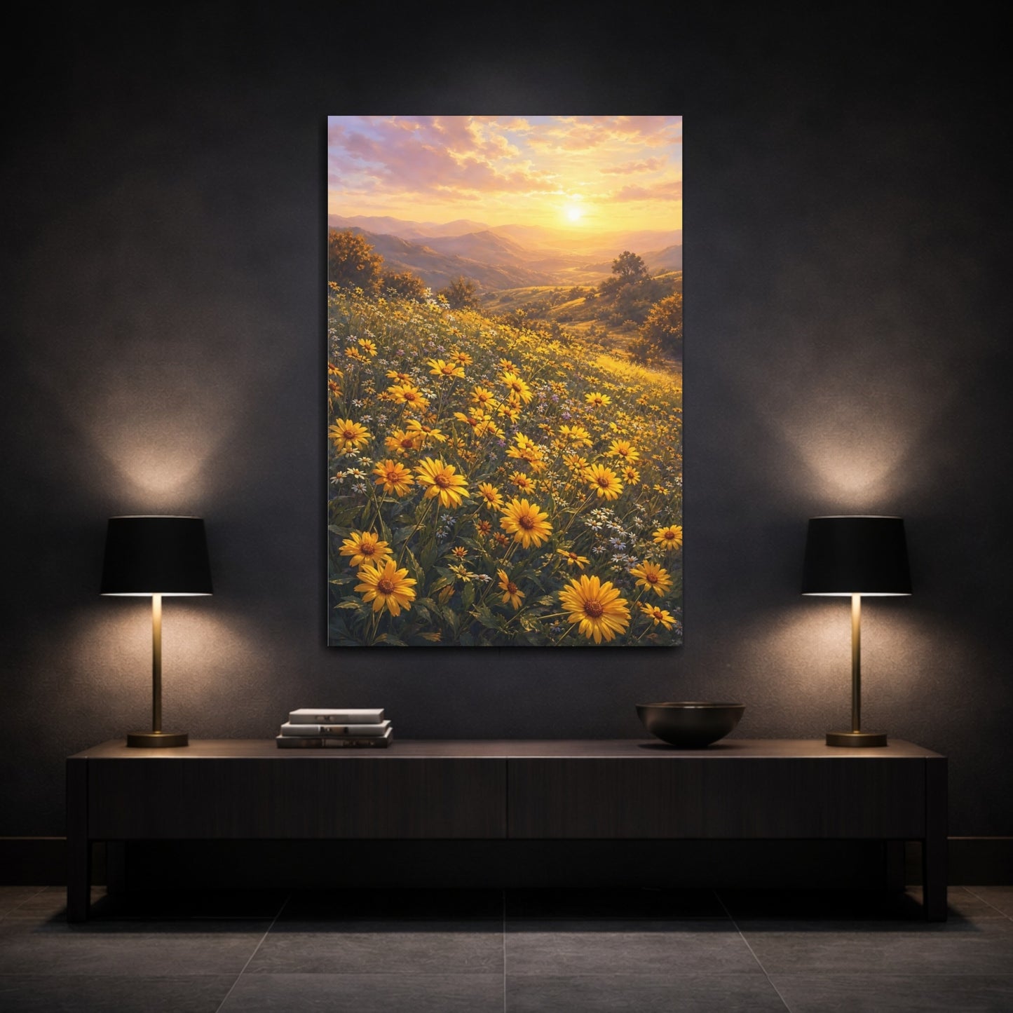 Mockup 3. Nature Flower Field Golden Yellow Field shown as stretched canvas wall art