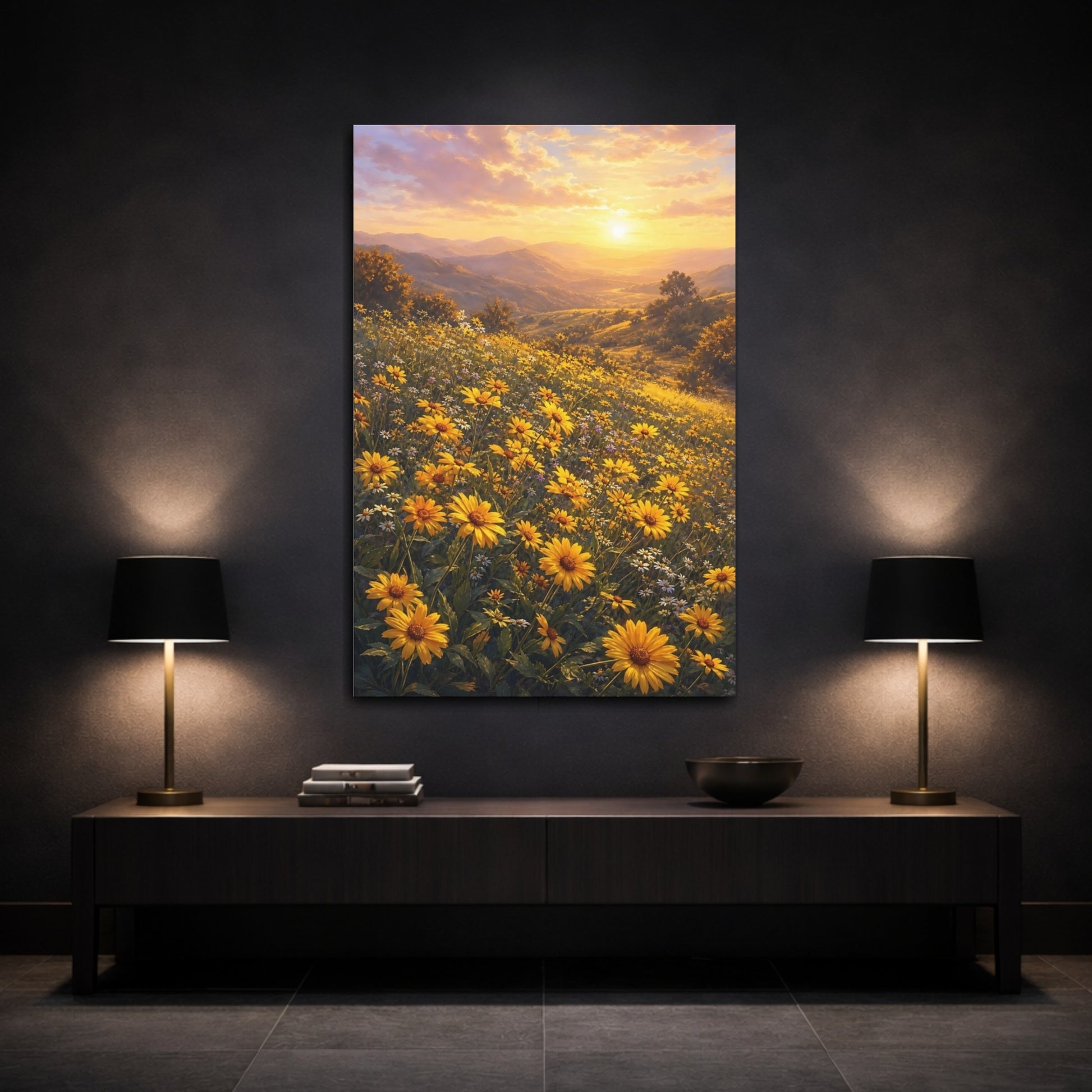 Mockup 3. Nature Flower Field Golden Yellow Field shown as stretched canvas wall art