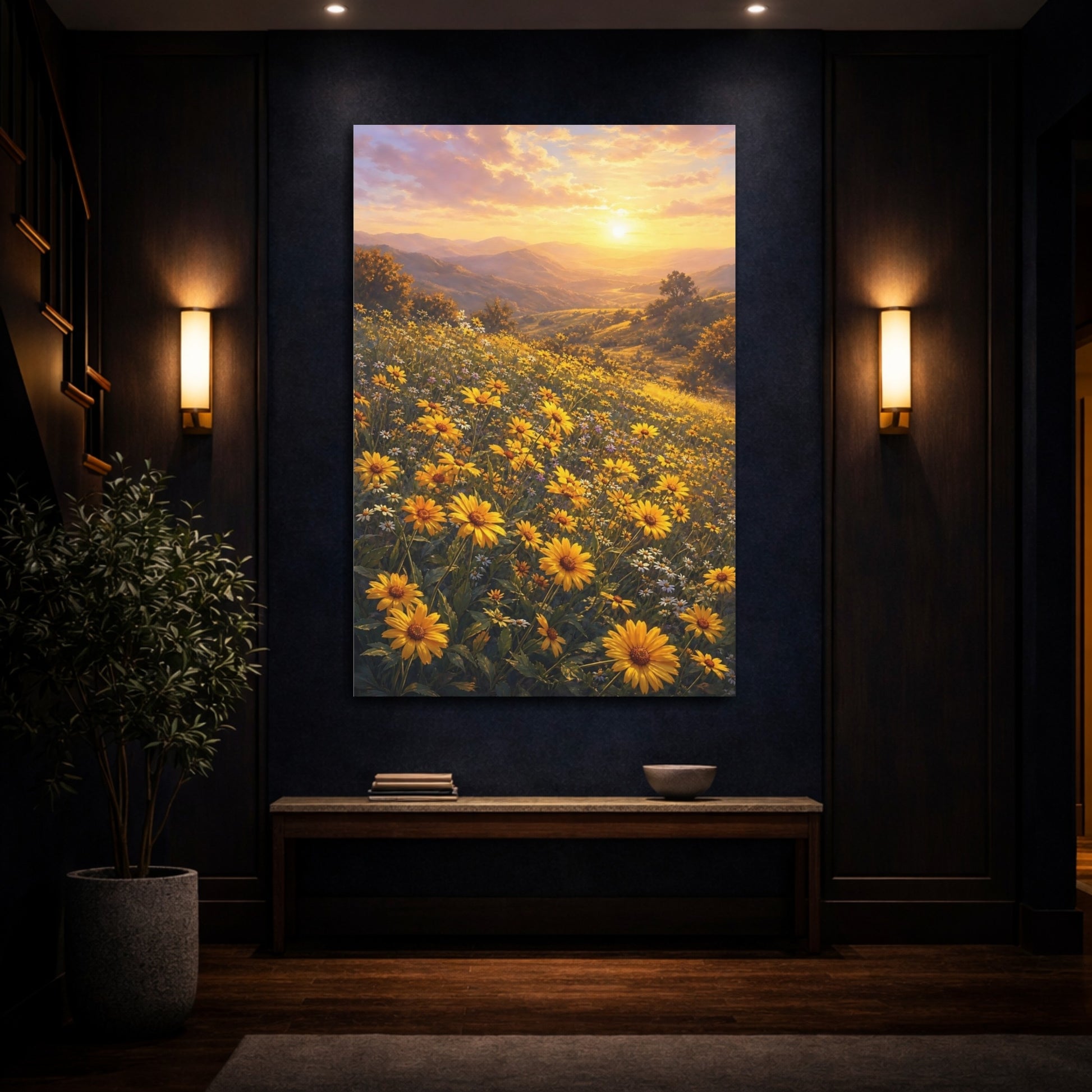 Mockup 4. Nature Flower Field Golden Yellow Field shown as stretched canvas wall art