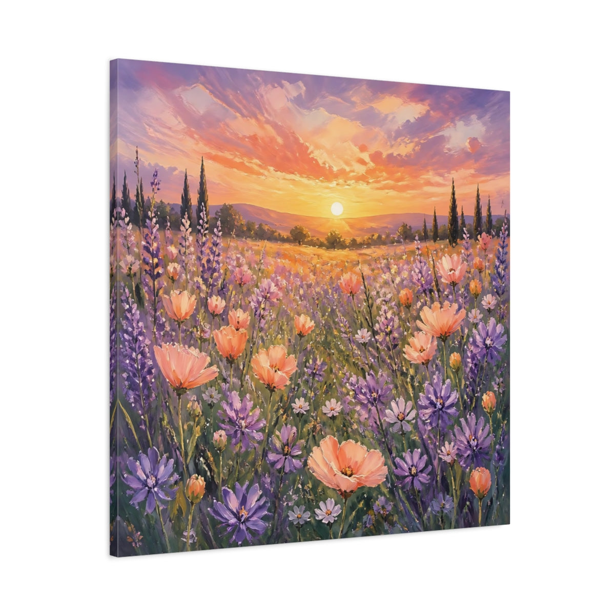Main Mockup. Nature Flower Field Lavender Sunset shown as stretched canvas wall art