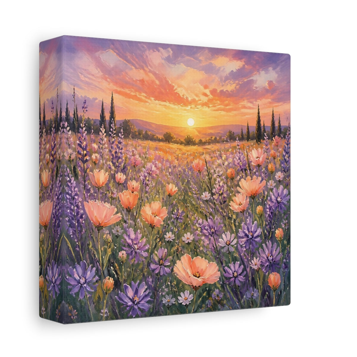 Side Mockup 2. Nature Flower Field Lavender Sunset shown as stretched canvas wall art