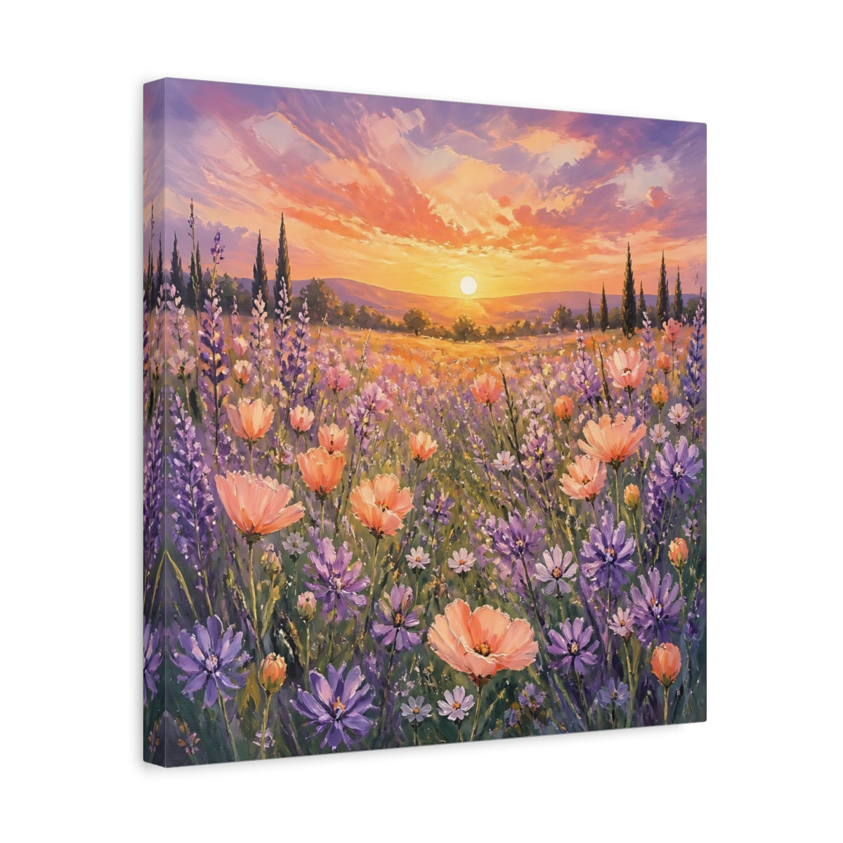 Side Mockup 6. Nature Flower Field Lavender Sunset shown as stretched canvas wall art