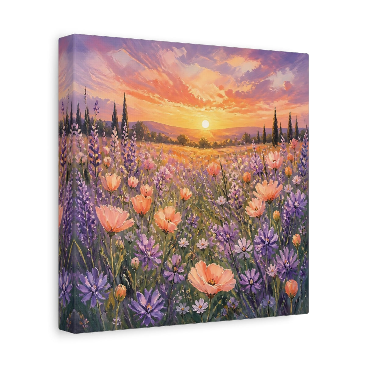 Side Mockup 9. Nature Flower Field Lavender Sunset shown as stretched canvas wall art