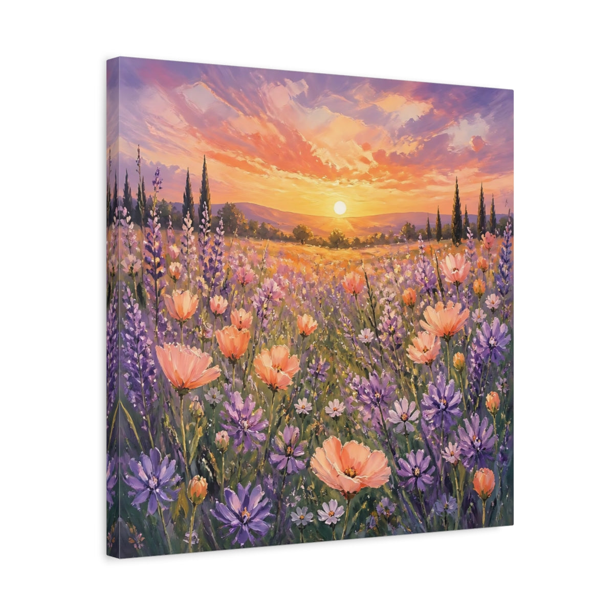 Side Mockup 5. Nature Flower Field Lavender Sunset shown as stretched canvas wall art