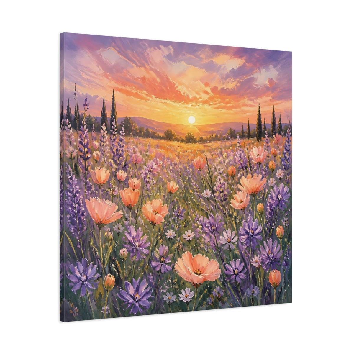 Side Mockup 1. Nature Flower Field Lavender Sunset shown as stretched canvas wall art